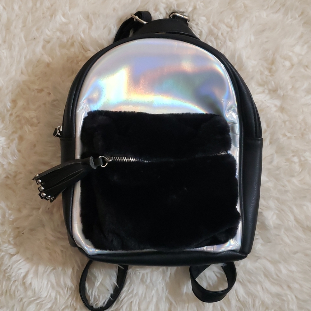 NWT Silver Y2K Shiny Iridescent Faux Fur Rock Mini Bag